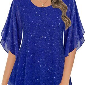 Elegant Women’s Sparkly Blue Tunic with 3/4 Sleeves - Perfect for Events